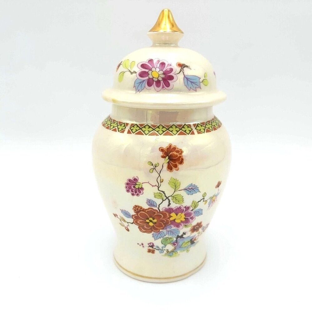 Sadler Lusterware Porcelain Ginger Jar with Lid Made in England Floral Gold Gild